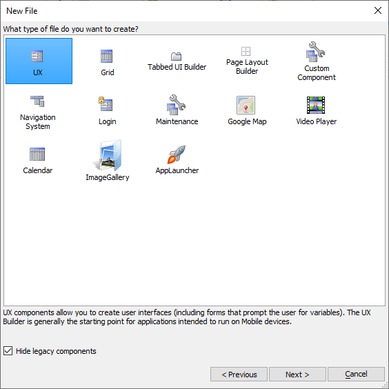 Selecting the type of component to create.